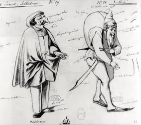 Diseño de vestuario para dos acróbatas en Benvenuto Cellini de Hector Berlioz, 1838